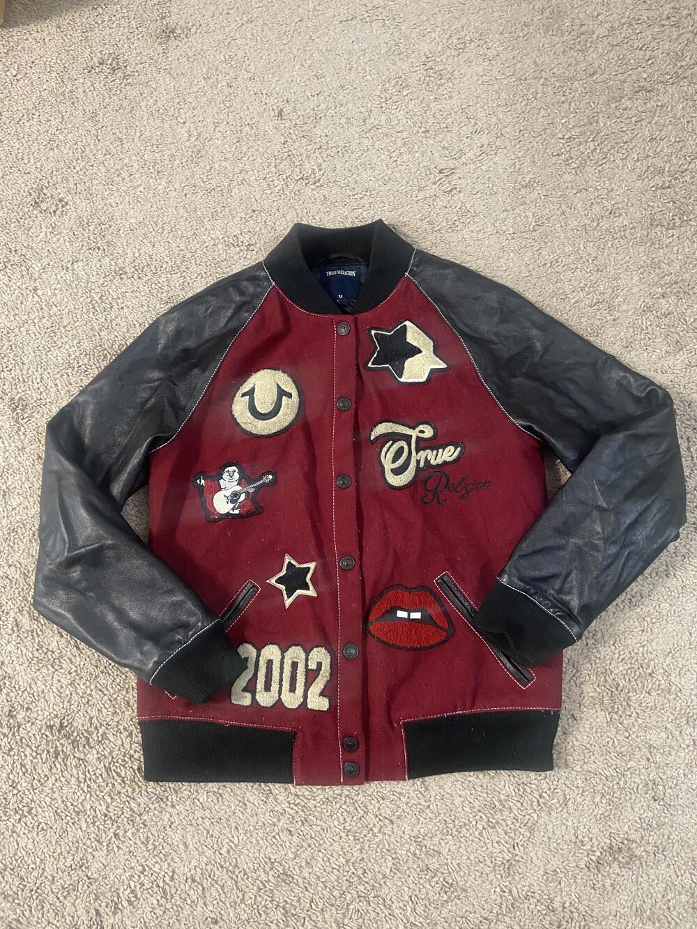 True Religion Jacket Mens Small Red Black Varsity Letterman 2002 Patches Bomber